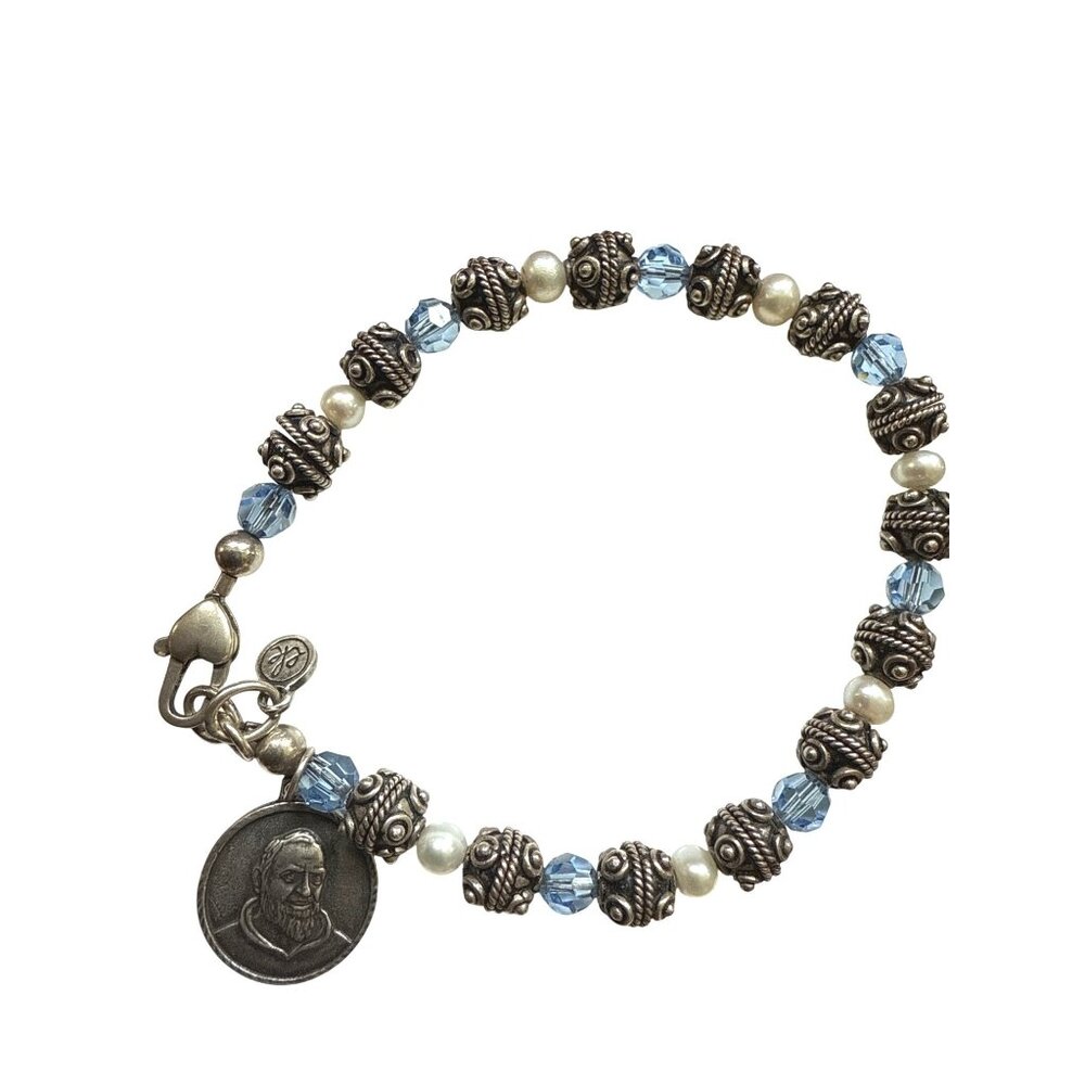 Vintage Sterling Silver 925 Bracelet With Saint Medal Blue Glass Beads